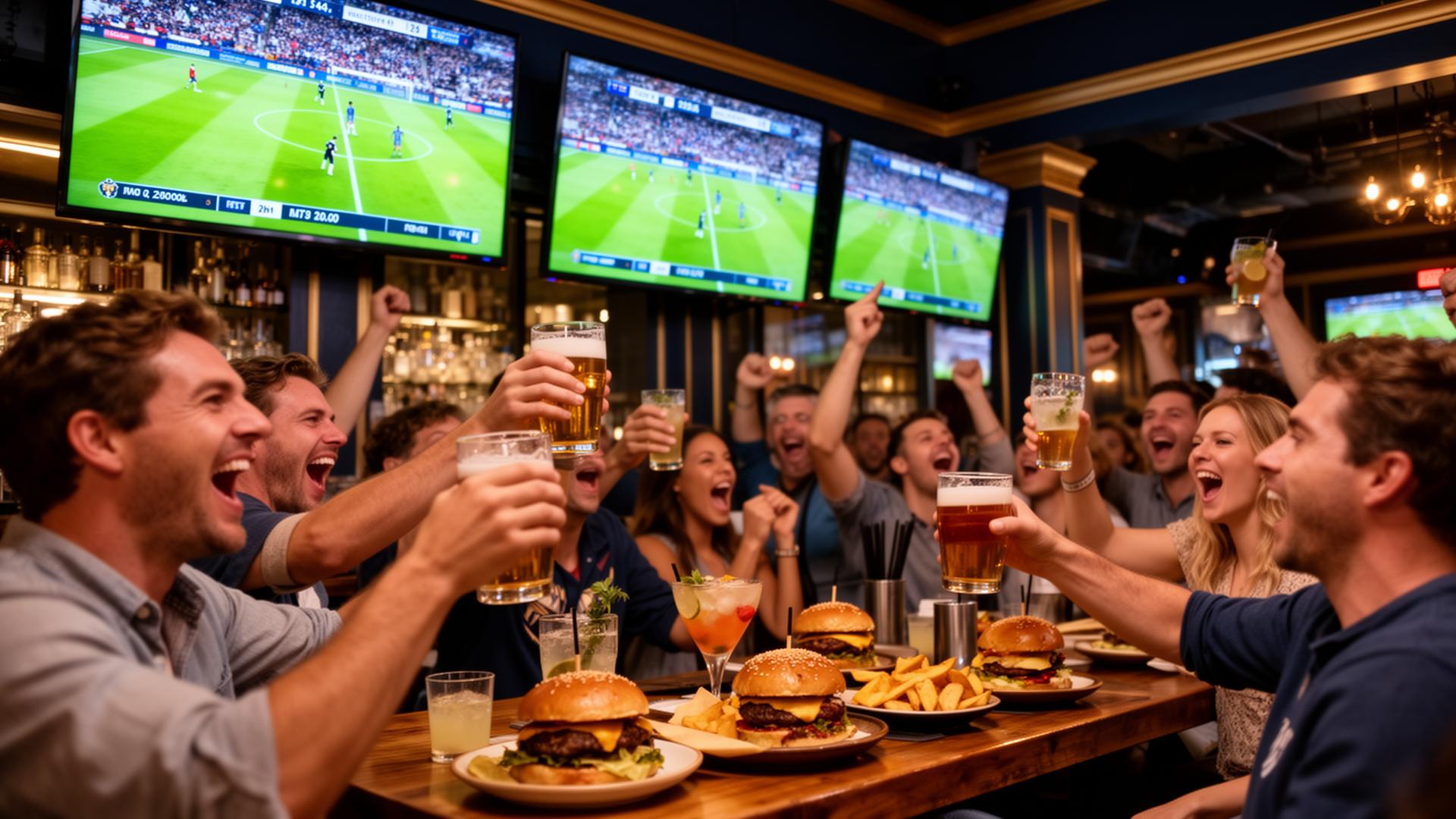Fans cheering and watching a FIFA World Cup soccer match at John King Grill in downtown Charleston, with multiple TVs, smash burgers, and drinks
